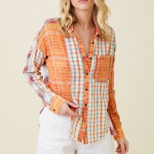 Mystree Soft Cotton Shirt Orange Blue Long Sleeve Raw Hem Size Large